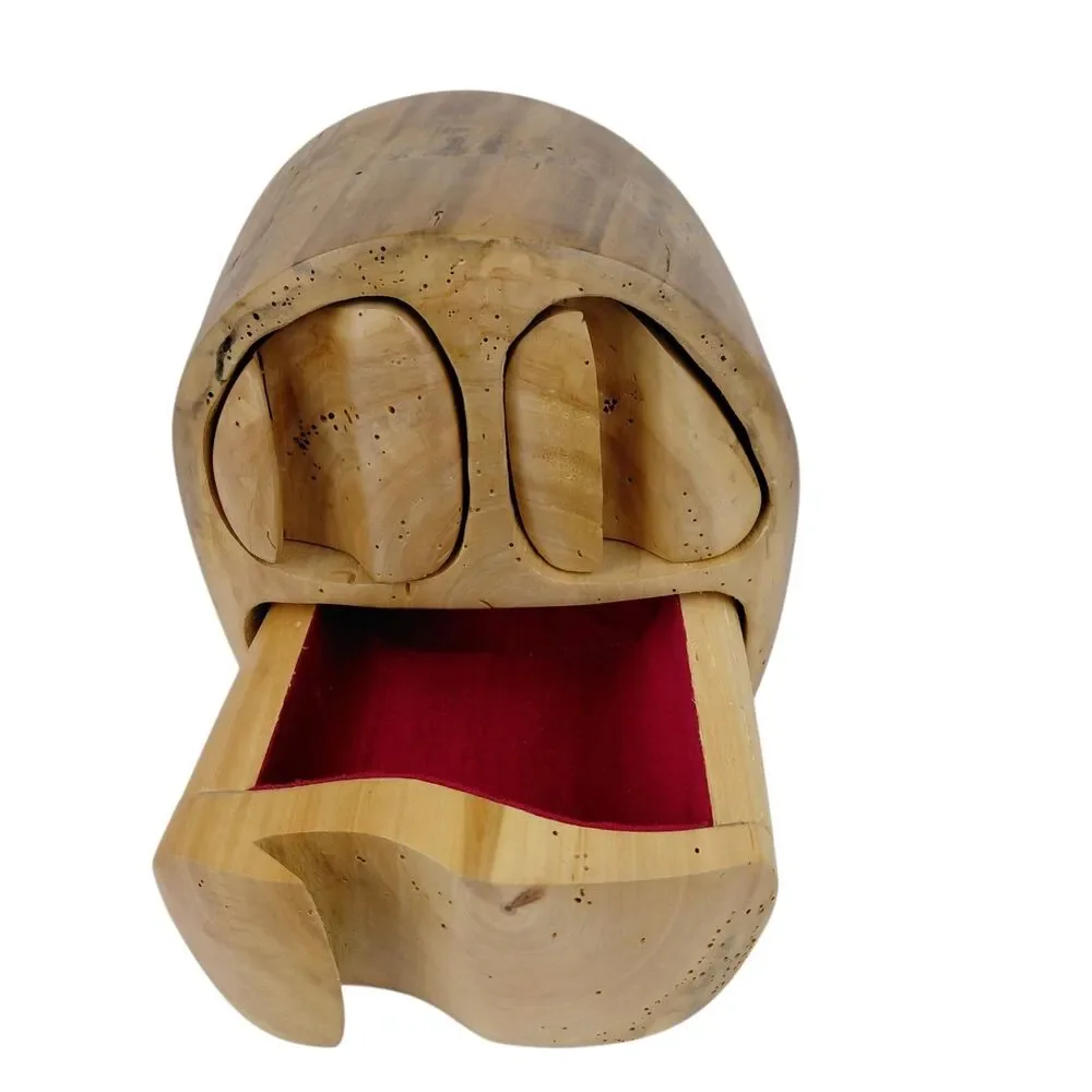 Hand Carved Bandsaw Box 3 Drawers Natural Wood Jewelry Trinket Box Abstract Face